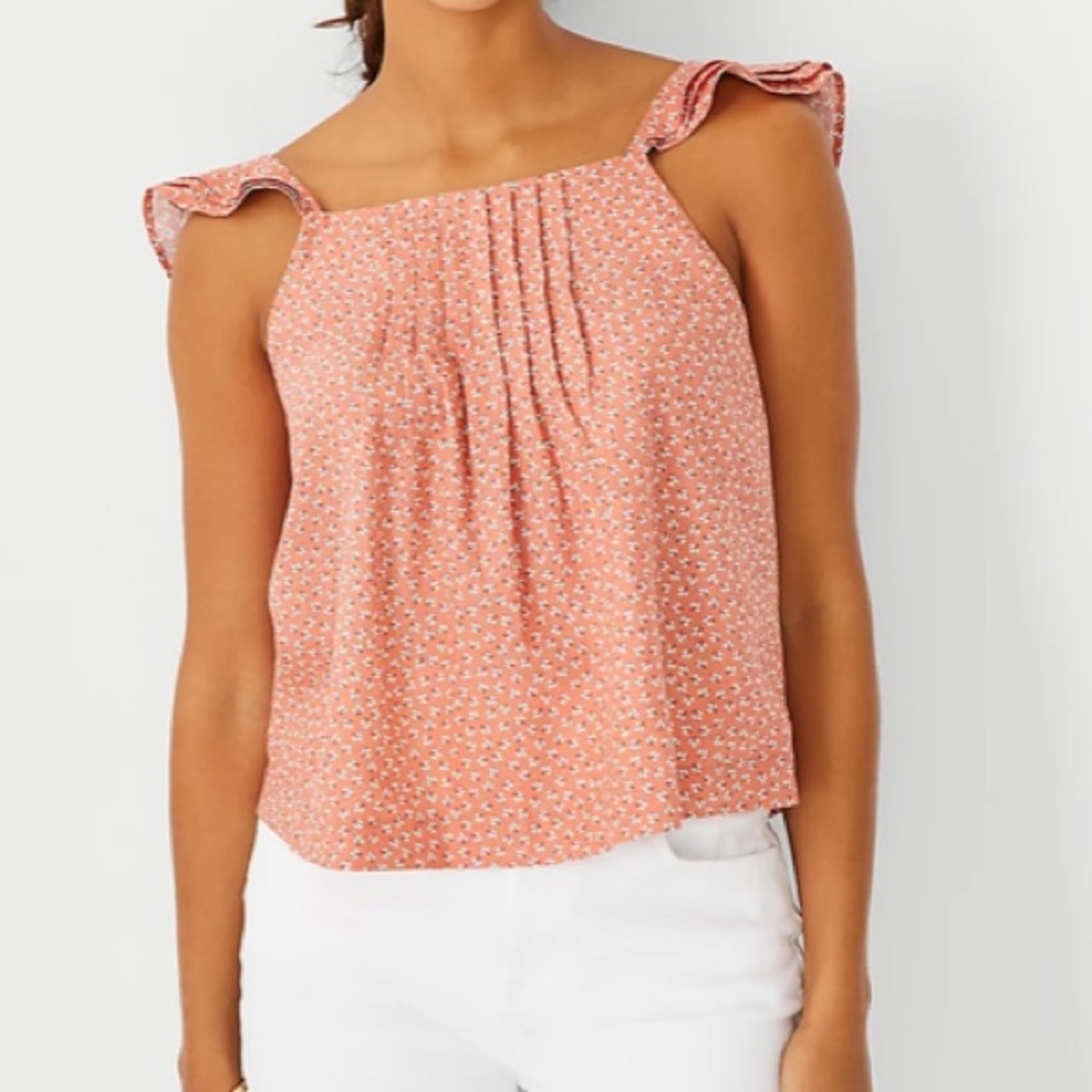 Ann Taylor Tall Floral Linen Blend Pintuck Ruffle Sleeveless Top Size Large Tall